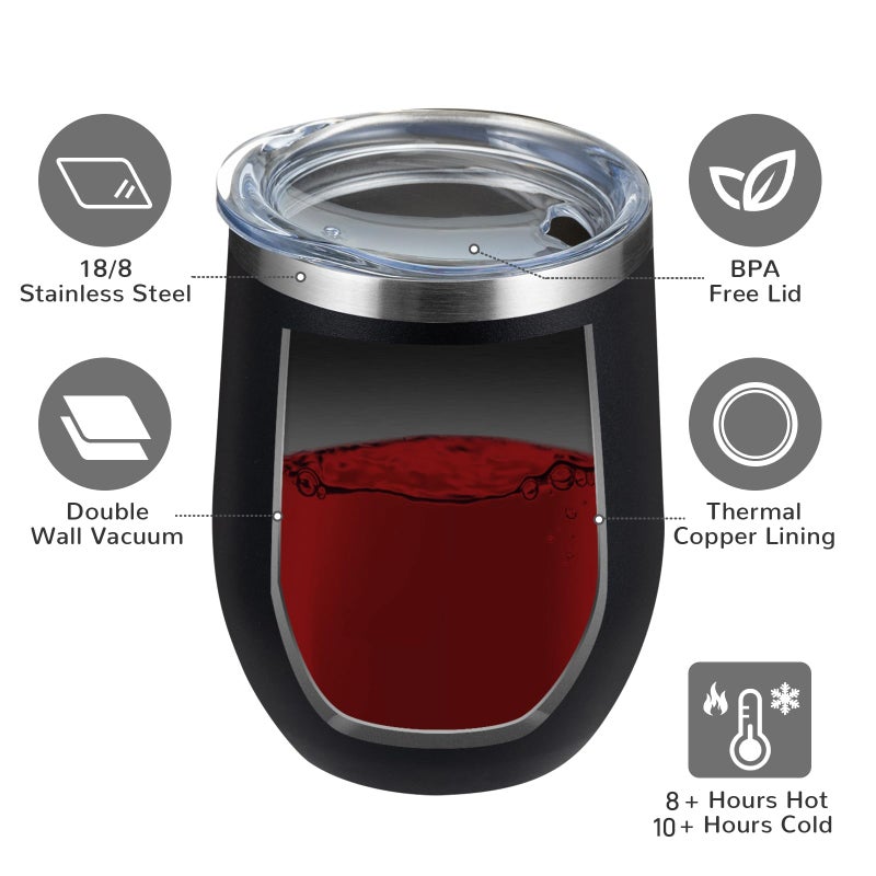 MEWAY 12oz Wine Tumbler 16 Pack Bulk Gifts for Women,Double Wall Vacuum Stainless Steel Travel Mug with Lid,Insulated Stemless Wine Cup Glass for Coffee,Cocktails,Drinks(Black,Set of 16) - Image 5